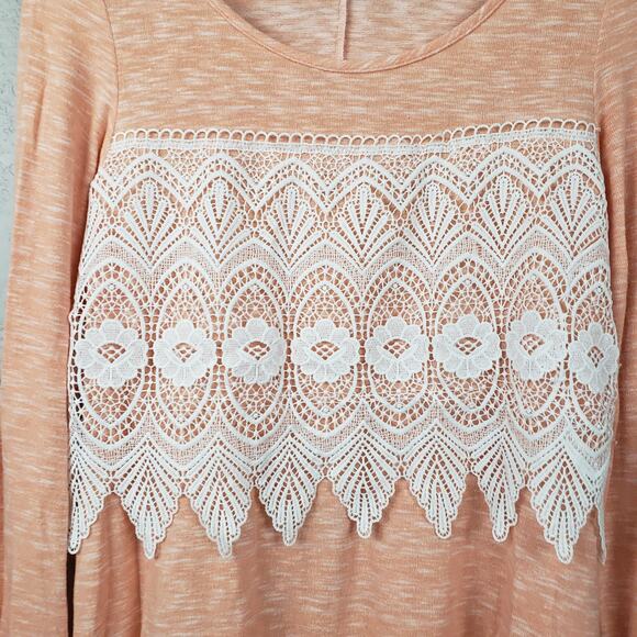 Entro Crochet Trim Top Long Sleeve Jersey Knit Peach White Grandma Scoop Neck- M - Picture 2 of 4